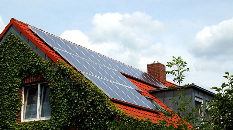 常春藤覆盖的房屋屋顶上的太阳能电池板